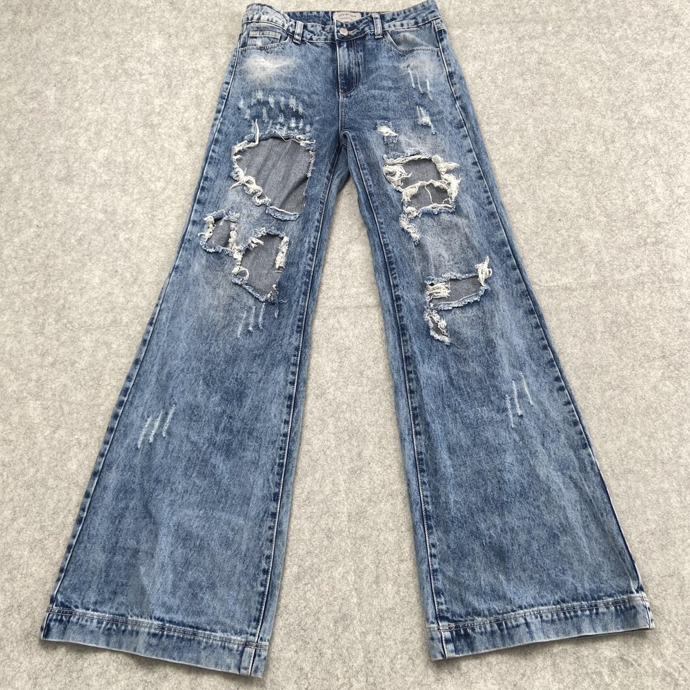 LITZ BY UNIQ Wide Leg Jeans Juniors 26 (28x32) Blue Distressed Ripped Denim